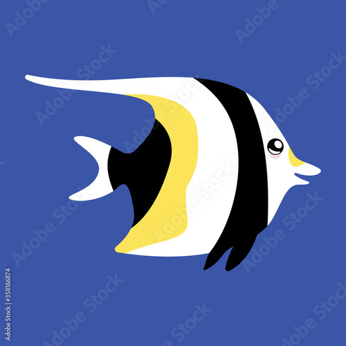 Vector illustration of a moorish idol fish with a cute face. Simple  flat  kawaii style.