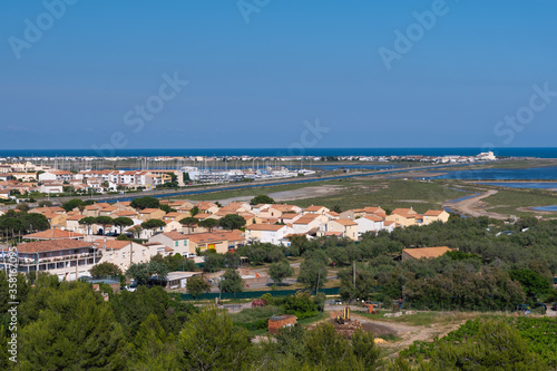 The beach of the chalets of Gruissan at the edge of the Mediterranean in France in the Aude