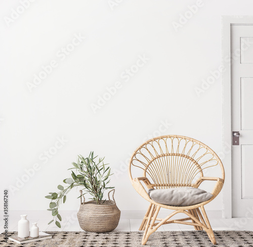 Living room interior with wicker armchair and eucalyptus plant, white wall mock up background, 3D render
