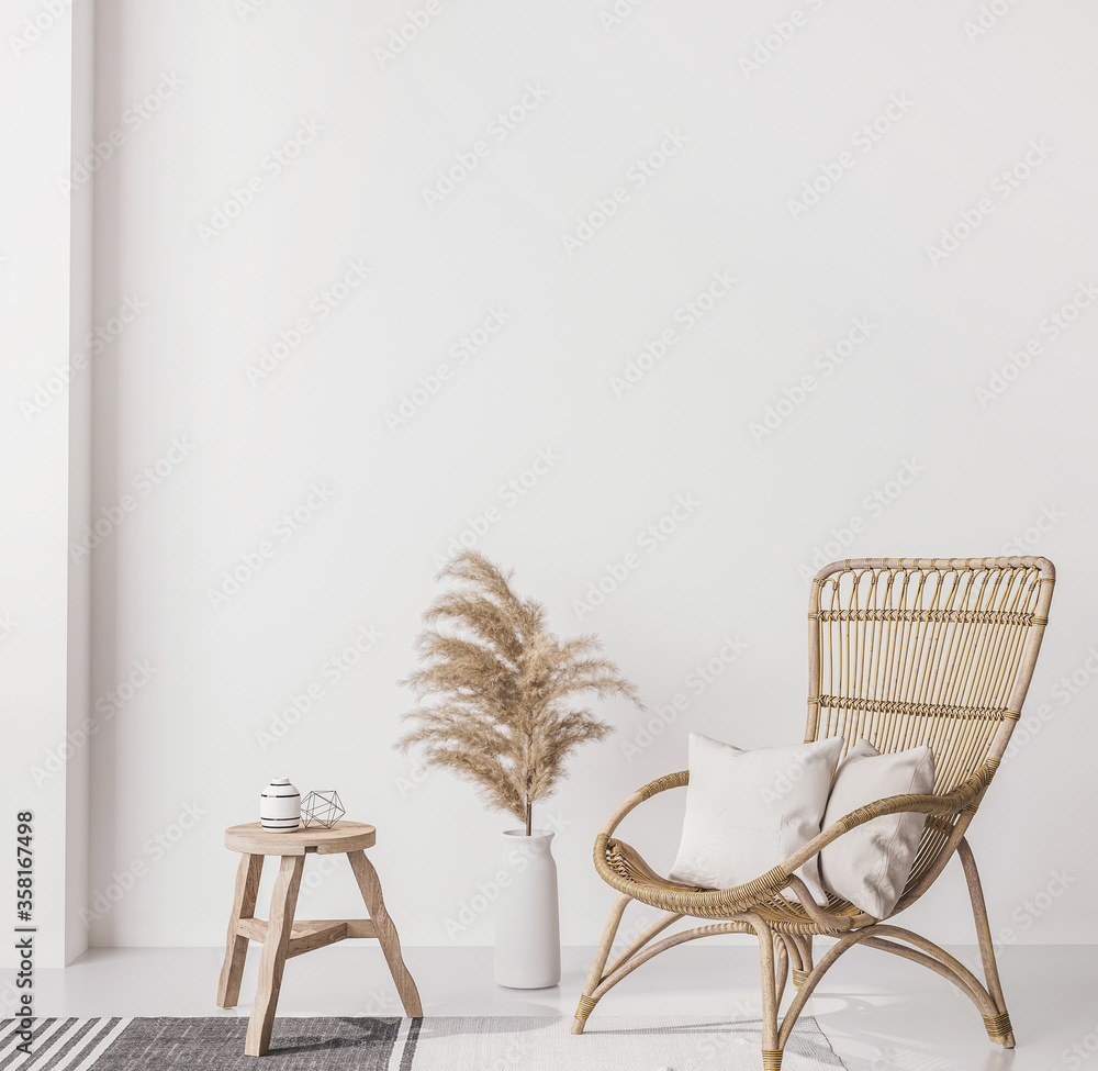 Mock up wall in home interior background, beige room with natural wooden furniture, bohemian style, 3d render - obrazy, fototapety, plakaty 