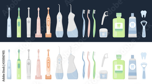 Big flat vector illustration set of dental cleaning tools and oral care hygiene products. Electric toothbrush, toothpaste, floss, oral irrigator, waterpick, mouthwash, tongue scraper, tooth
