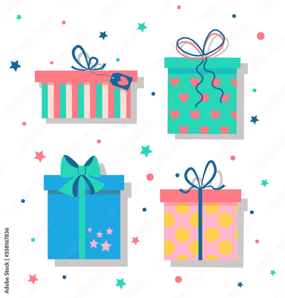 different presents confetti for holiday red on white background isolated different presents confetti for holiday red on white background isolated