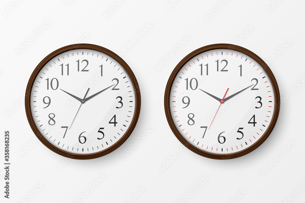 Vector 3d Realistic Simple Round Wooden Wall Office Clock with White Dial Icon Set Closeup Isolated on White Background. Design Template, Mock-up for Branding, Advertise. Front or Top View Vector 3d Realistic Simple Round Wooden Wall Office Clock with White Dial Icon Set Closeup Isolated on White Background. Design Template, Mock-up for Branding, Advertise. Front or Top View
