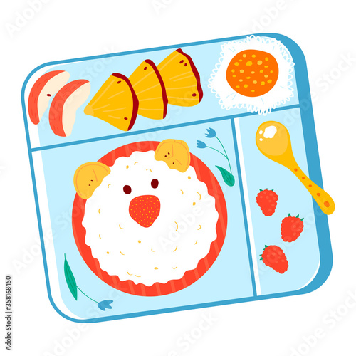 School children asian japanese style bento, healthy breakfast for kid box isolated on white, cartoon vector illustration. Foodstuff rice bear head in tray, fruit piece and strawberry meal.