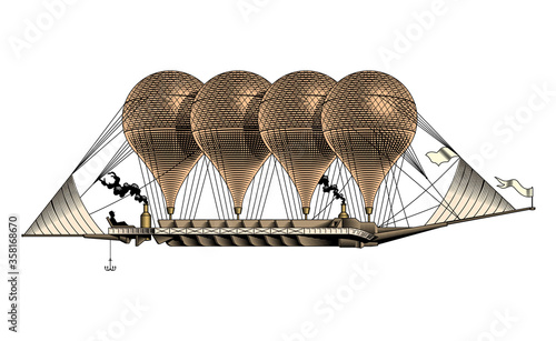 Vintage airship, aerostat, hot air balloon or zeppelin, vector illustration.