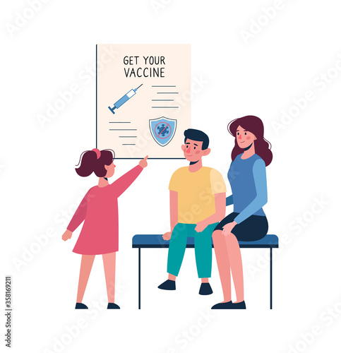 Medical poster on vaccination of people against coronavirus COVID-19. The woman brought the children to the hospital for vaccination. Vector people, a vaccine, a shield, a syringe. Cartoon style