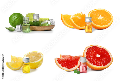 Set with bottles of different essential oils and fresh citruses on white background