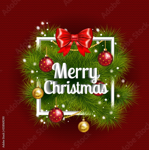 Merry Christmas lettering card with branches of Christmas tree. Vector illustration EPS 10.