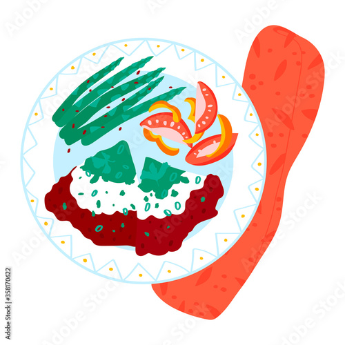 Concept morning restaurant breakfast, design food plate with meat vegetable creamy foodstuff isolated on white, cartoon vector illustration. Heavy mealtime dish towel, delicacy eatables plateau.