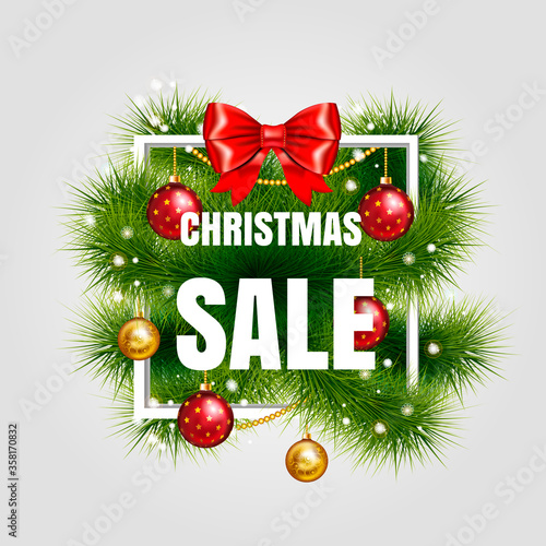 Christmas sale sign vector label with red ribbon and green fir tree branches with gold christmas ball. Holiday white square frame. Winter sale. Vector illustration. EPS 10.
