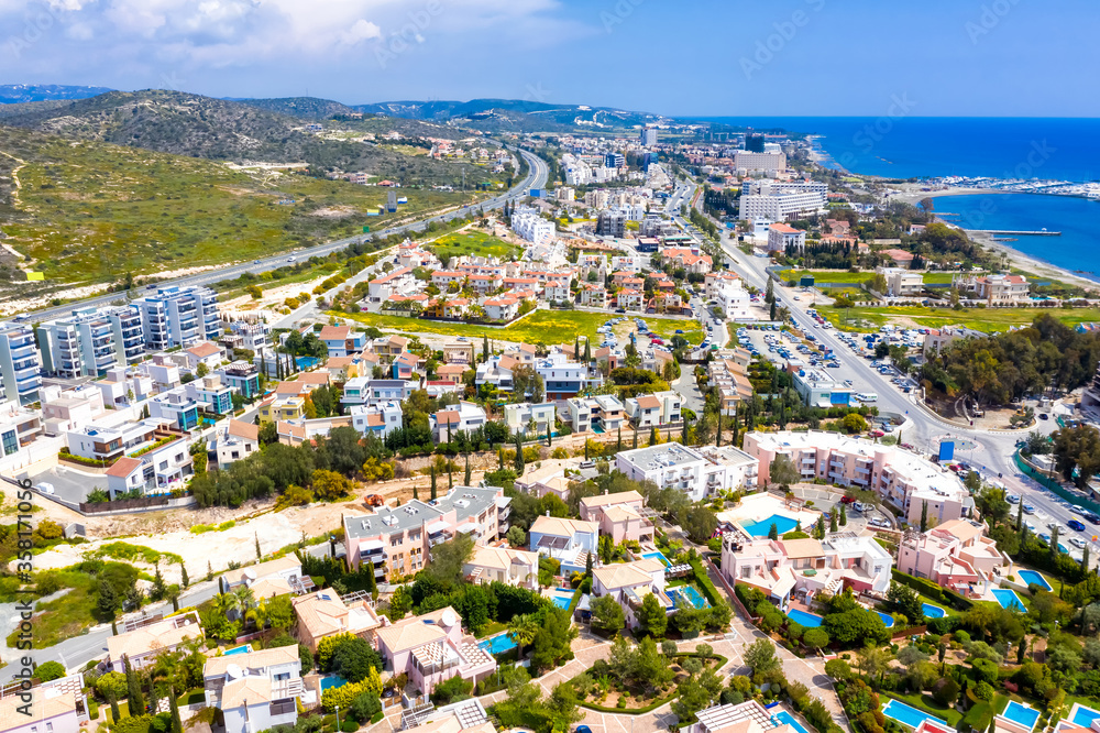 Aerial view of residential buildings at Agios Tychon area. Limassol, Cyprus