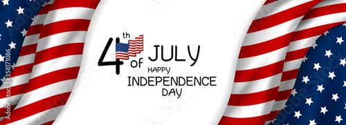 card or banner on the "4th of July independence celebration" in black on a white background and on each side the American flag