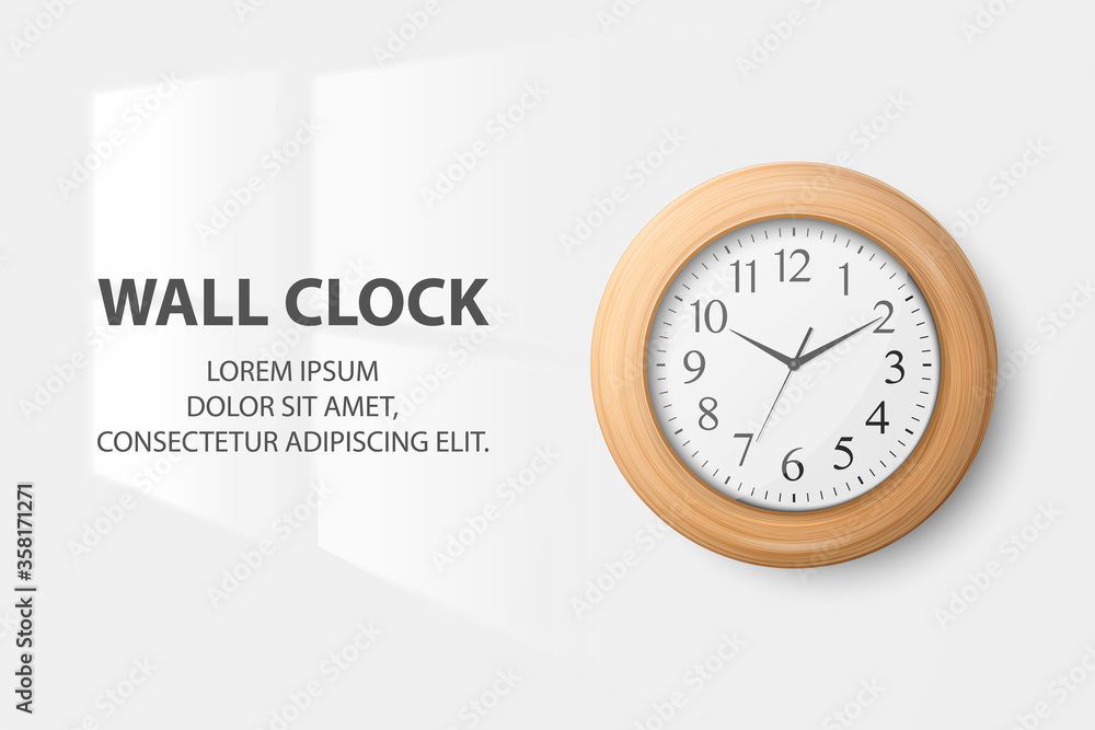 Vector 3d Realistic Simple Round Wooden Wall Office Clock with White Dial Closeup Isolated on White Background. Design Template, Mock-up for Branding, Advertise. Front View Vector 3d Realistic Simple Round Wooden Wall Office Clock with White Dial Closeup Isolated on White Background. Design Template, Mock-up for Branding, Advertise. Front View