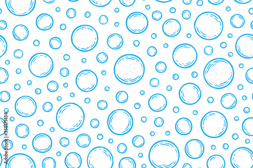 Soap bubbles. Seamless pattern. Cleaning concept. Water background. Hand drawn texture. Design wallpapers for prints bodycare, shampoo, toiletries, cleanliness, freshness, hygiene, bathroom. Vector