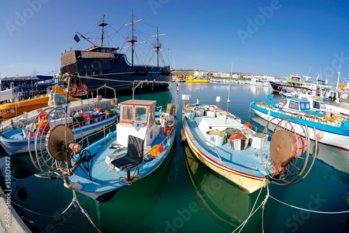 Traditional fishing boats in the harbour of Ayia Napa. Famagusta District, Cyprus