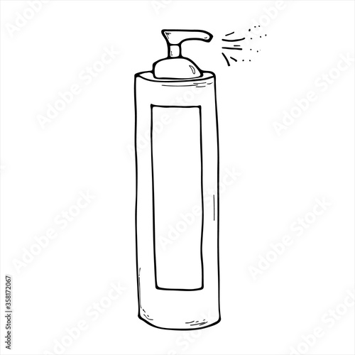 Cosmetic and perfumery accessory. Vial with washing gel. Bottle with dispenser and spray. Outline vector hand drawn illustration isolated. Care product. Wellness design elements. Women care