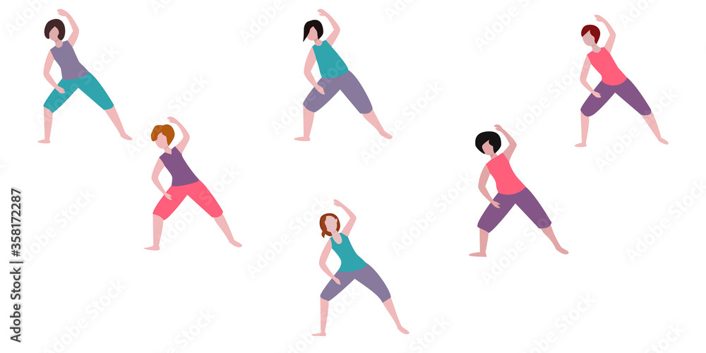 Beautiful trainer women stretching trainer, great design for any purpose. Cartoon flat vector illustration. a group of women with a trainer is engaged in fitness, Pilates, yoga, stretching. Sportswear