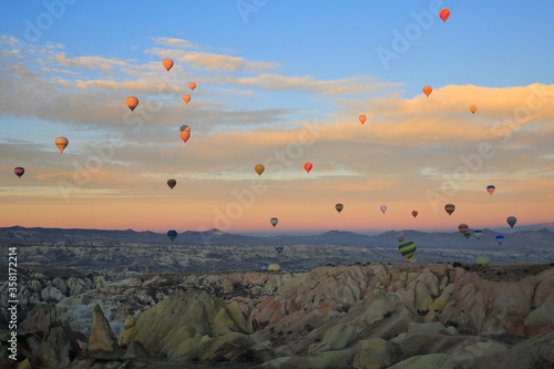 The magnificent Cappadocia valley with its rocky structure formed by volcanic tuffs. The most popular activity is to fly with balloons in the early hours. Nevsehir, Turkey