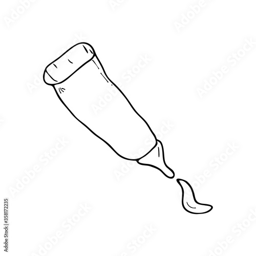 Cosmetic and perfumery accessory. A tube of cream with a sample. Cream texture. A smear of fluid. Outline vector hand drawn illustration isolated. Care product. Wellness design elements