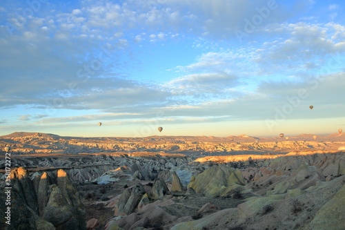 The magnificent Cappadocia valley with its rocky structure formed by volcanic tuffs. The most popular activity is to fly with balloons in the early hours. Nevsehir, Turkey