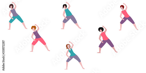 Beautiful trainer women stretching trainer, great design for any purpose. Cartoon flat vector illustration. a group of women with a trainer is engaged in fitness, Pilates, yoga, stretching. Sportswear