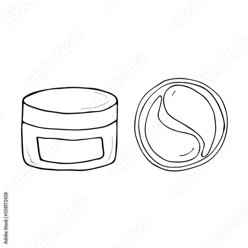 Gel eye patches. A pair of hydrogel eye masks in the package. Care cosmetics. Outline vector hand drawn illustration isolated. Wellness design elements