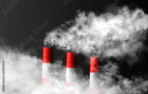 Three chimneys emits thick smoke clouds. Ecology related urban realistic vector illustration isolated on the dark transparent background.