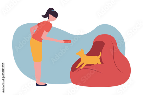 Woman with dog on puf at home vector design