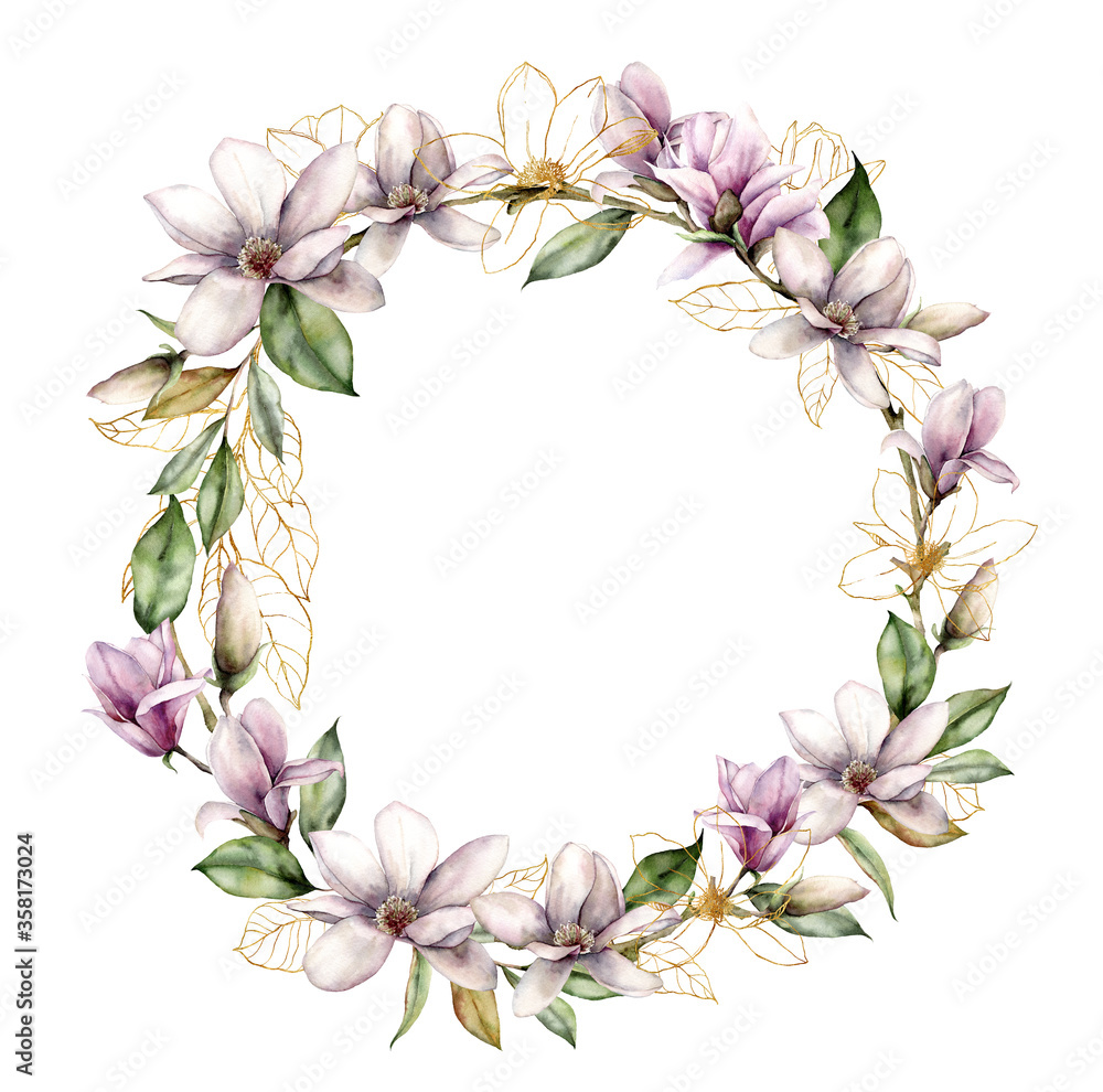 Watercolor floral wreath with line art magnolias, buds and leaves. Hand painted golden bouquet with flowers isolated on white background. Botanical illustration for design, print, fabric, background.