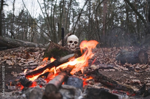 Knife and human skull on a background of fire. Knife and skull in the forest.