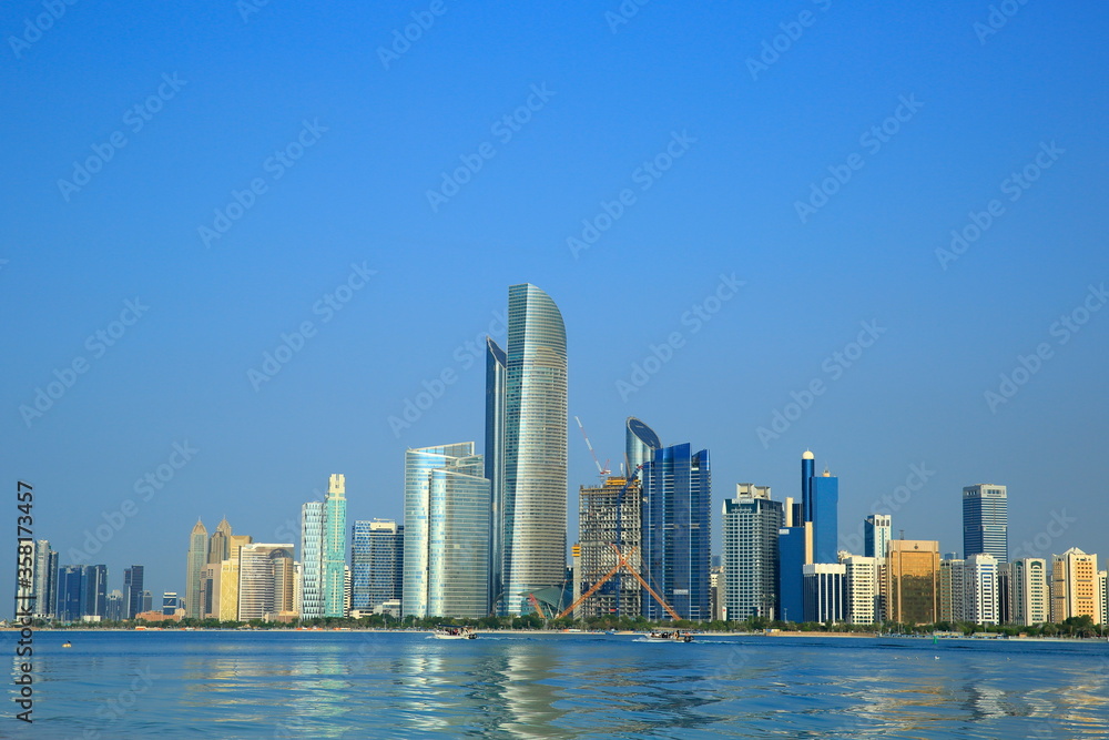 Panoramic view of Dubai city from the coast of the heritage village, towers.