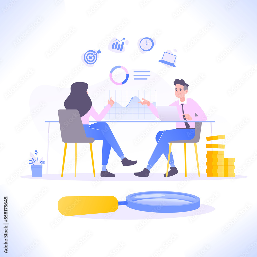Financial consultation service or financial advisor meeting concept. Client sitting at desk and business consultant gives professional help to client, vector illustration Financial consultation service or financial advisor meeting concept. Client sitting at desk and business consultant gives professional help to client, vector illustration