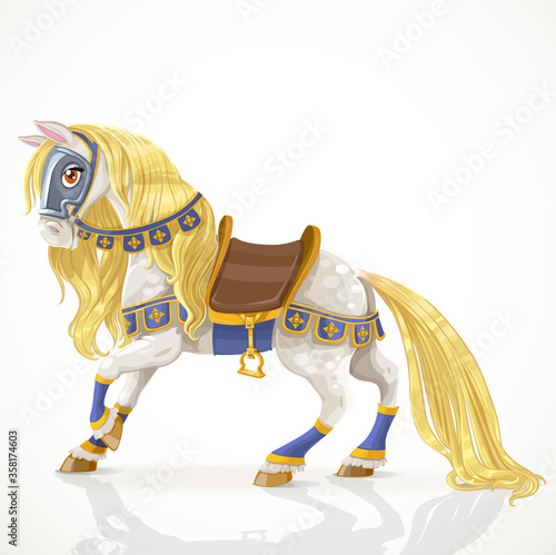  Royal horse with a golden mane in harness