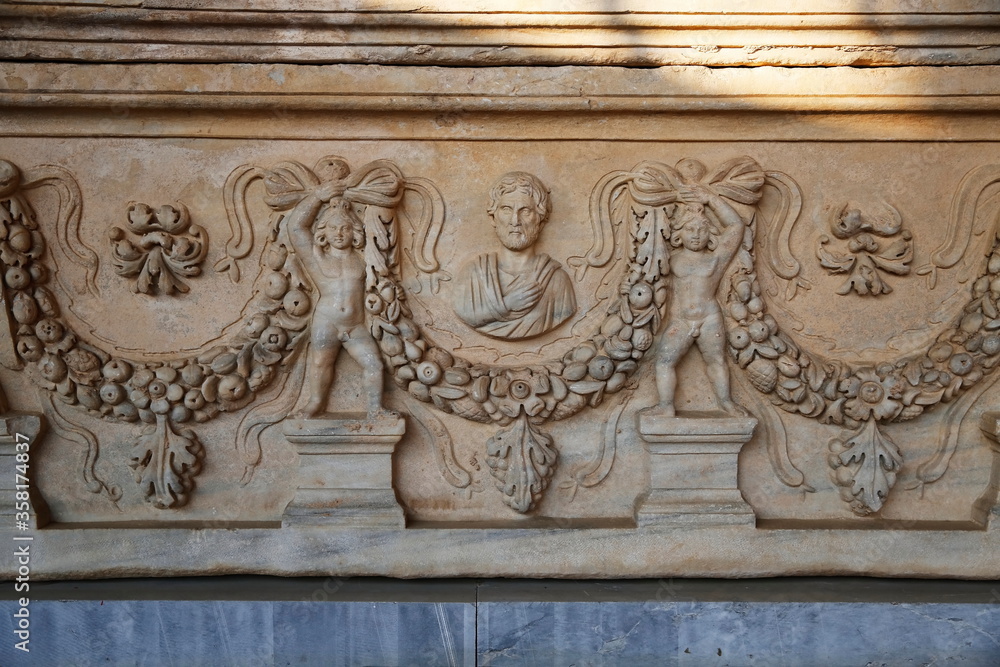 Ephesus Ancient city, Selcuk. Marble sarcophagus and relief patterns. 3rd Century AD. Turkey