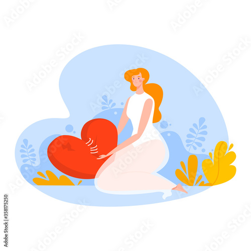 Caricature depression, unhappy girl sitting near heart, broken life, isolated on white, design, flat style vector illustration. Sad view, gloom, awareness what happening, compassion for oneself.