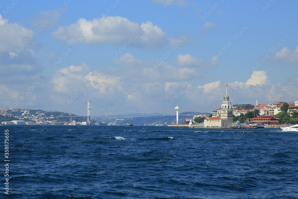 Bosphorus, Turkey. Historical city in Istanbul, Bosphorus entrance and Maiden's Tower in background.