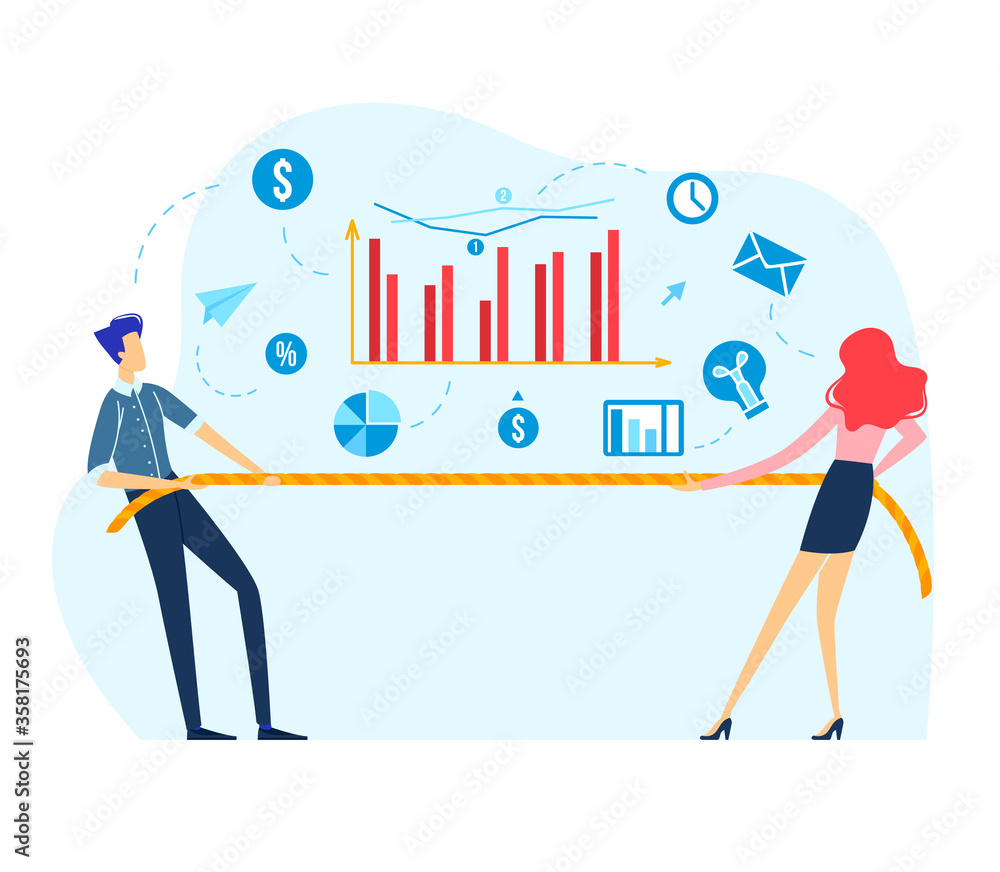 Businessman and businesswoman tug of war, competition business company isolated on white, flat vector illustration. Global industrial contest, young modern specialist compete market. Businessman and businesswoman tug of war, competition business company isolated on white, flat vector illustration. Global industrial contest, young modern specialist compete market.