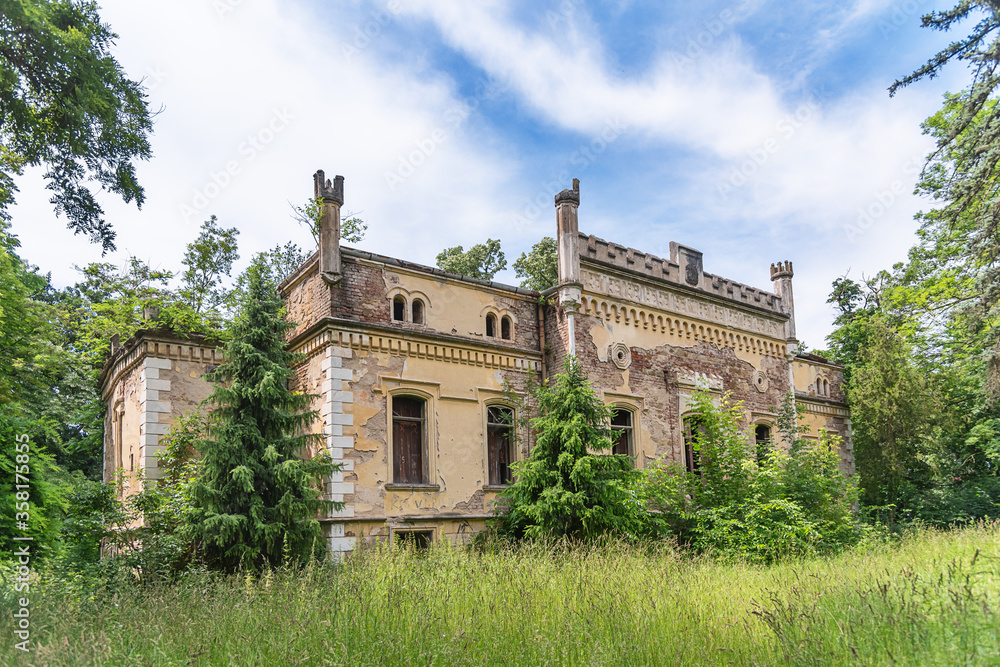 Vrsac, Serbia - June 04, 2020: The castle of the Lazarevic family in Veliko Srediste, in the municipality of Vršac, has been built since the middle of the 19th century. Abandoned castle