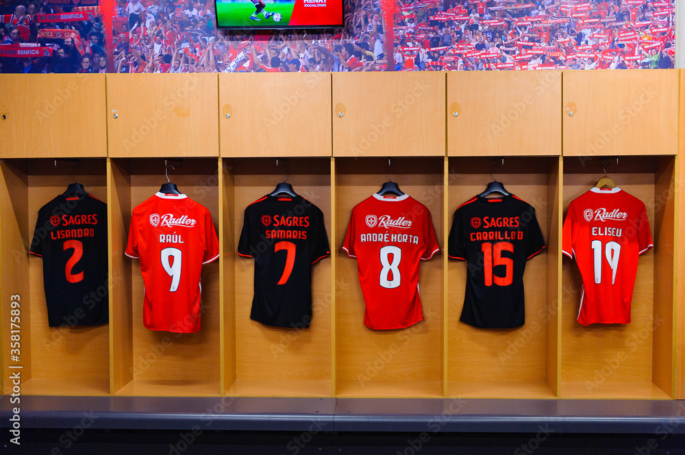 LISBON, PORTUGAL - OCT 17, 2016: Dress room of Benfica at the Estadio da Luz  (Stadium of Light). It was built for the EURO 2004 Stock Photo | Adobe Stock