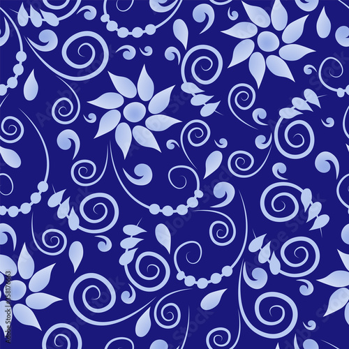 Seamless vegetative blue pattern made in the technique of Russian folk art. Abstract design