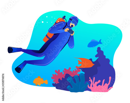 Male professional underwater swimming, man character occupation diving isolated on white, cartoon vector illustration. Diver make photography ocean life, concept flora fauna sea floor.
