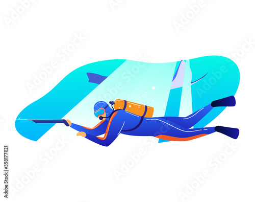 Underwater ocean hunting, male character diver swim wetsuit harpoon isolated on white, cartoon vector illustration. Exploration sea water floor, concept spearfishing tropical flora fauna.