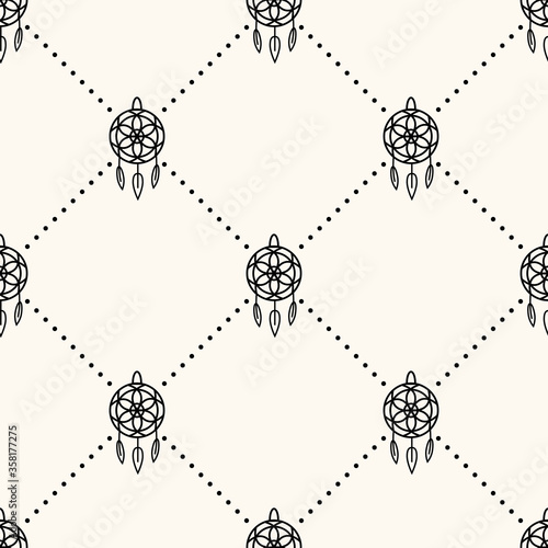 Seamless vector geometric pattern with dream catchers and polka dot. Simple minimalistic pattern in north american indian ethnic style with tribal archery. Boho kid background.