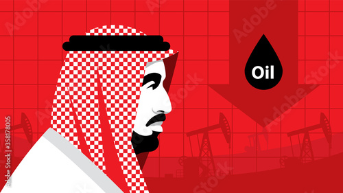 Oil price. Serious arab businessman in national white suit on the background of oil rigs. Side view. Portrait, profile, red background. Arab world, Middle East, oil industry. Template.
