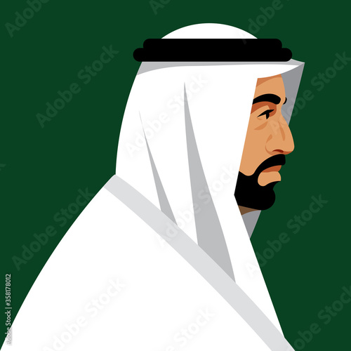 Adult arab business man wearing UAE traditional dress. Elderly man with beard. Male portrait, Side view, head, shoulders. Resident Middle East. Modern vector illustration