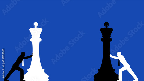 Сoncept of chess game. Two businessmen are pushing giant chess pieces of the Chess Queen.