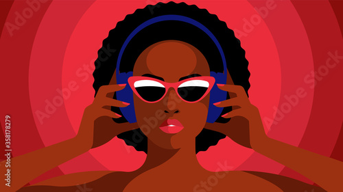 Bright black woman listening to music on headphones. Female Music Lover is listening to favourite playlist or audio chat. Female avatar of beautiful woman in sunglasses. Modern Vector illustration.