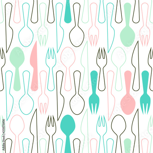 Silverware icons seamless pattern background. Fork, knife and spoon silhouettes on different colors. Vector illustration