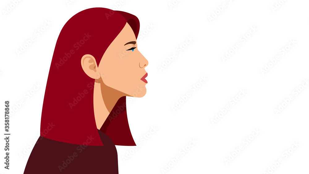 Beautiful brown hair. Portrait of a young girl side view. Vector illustration of a woman on a white background. Copy space. Beautiful brown hair. Portrait of a young girl side view. Vector illustration of a woman on a white background. Copy space.