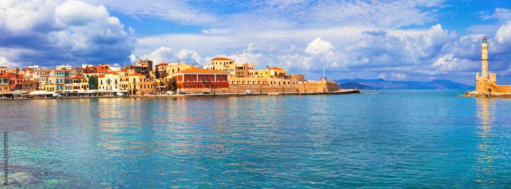 Crete island. Panorama of beautiful Chania old town. Greece travel and landmarks